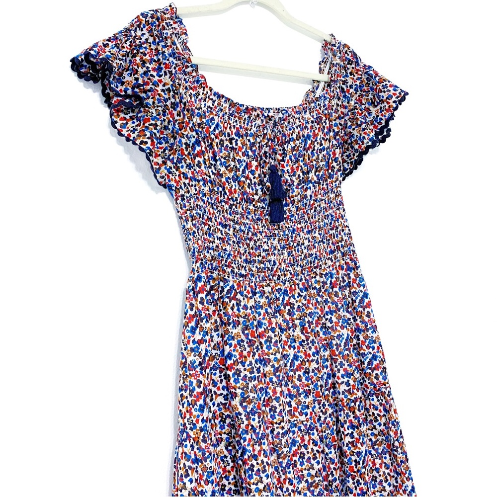 Tory Burch Wildflower Floral Tiered Off shoulder Smoked Navy piping Midi Dress S - Picture 8 of 17